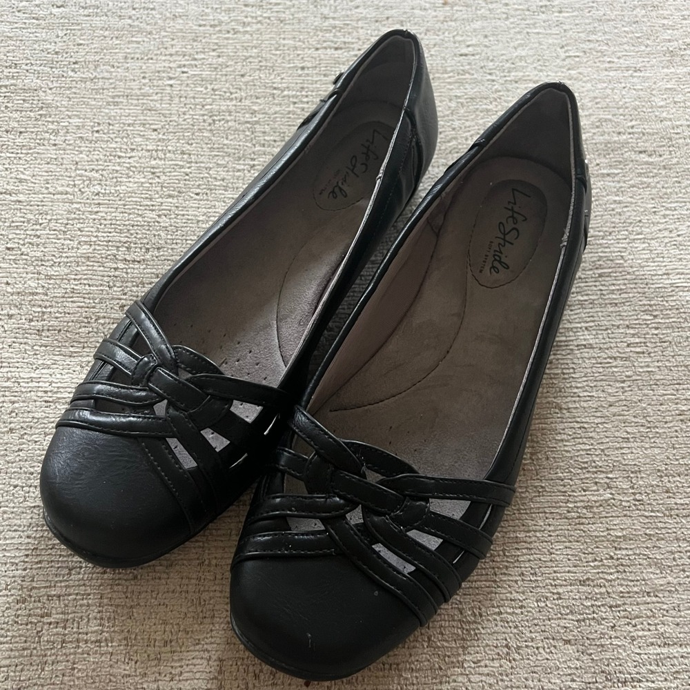 LifeStride Diverse Black Strappy Comfort Flats Shoes Womens US 10M Round‎ Toe